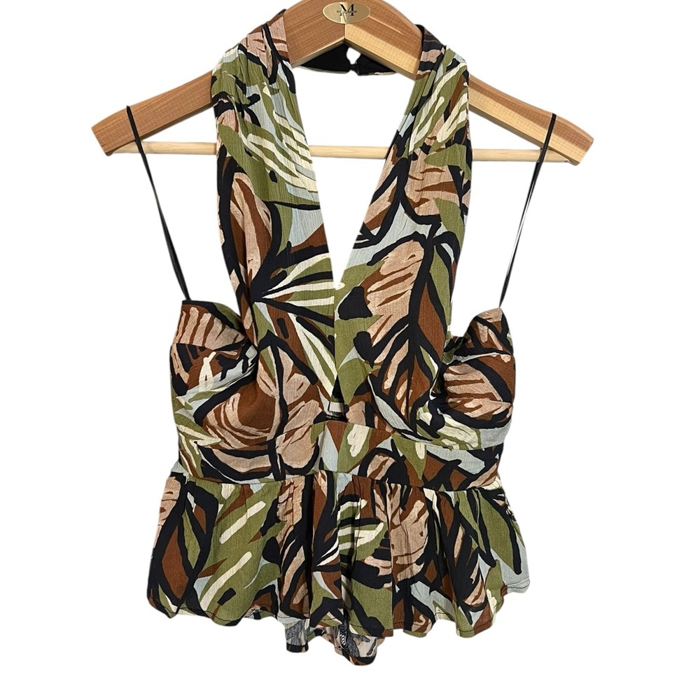 Francesca's Leaf Print Halter Blouse - Olive and Chestnut